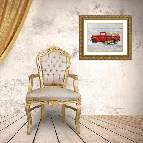 Harvest Red Truck Gold Ornate Wood Framed Art Print with Double Matting by Nan