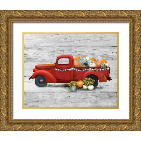 Harvest Red Truck Gold Ornate Wood Framed Art Print with Double Matting by Nan