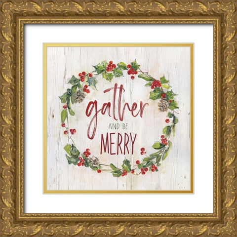 Holly Berry Gather Gold Ornate Wood Framed Art Print with Double Matting by Swatland, Sally