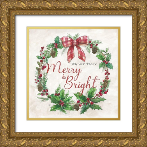 Merry And Bright Wreath Gold Ornate Wood Framed Art Print with Double Matting by Nan