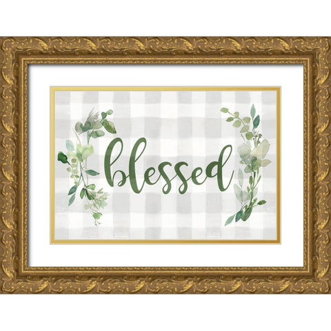 Blessed Checked Greenery Gold Ornate Wood Framed Art Print with Double Matting by Robinson, Carol