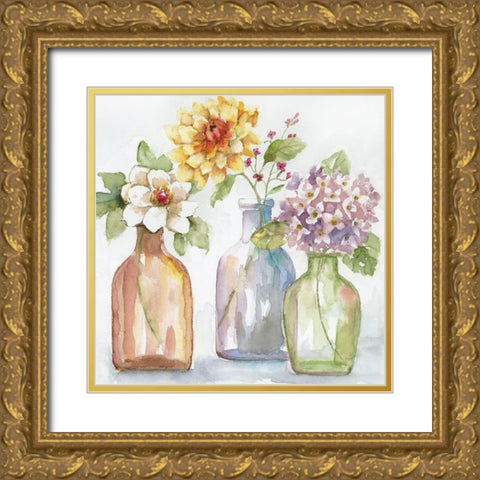 Pastel Farm Flowers Gold Ornate Wood Framed Art Print with Double Matting by Nan