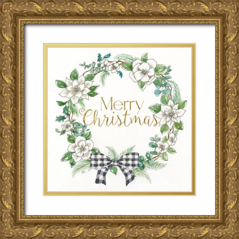 Farmouse Winter Wreath Gold Ornate Wood Framed Art Print with Double Matting by Nan