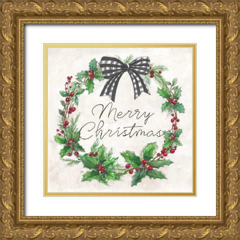 Berry Christmas Wreath Gold Ornate Wood Framed Art Print with Double Matting by Nan