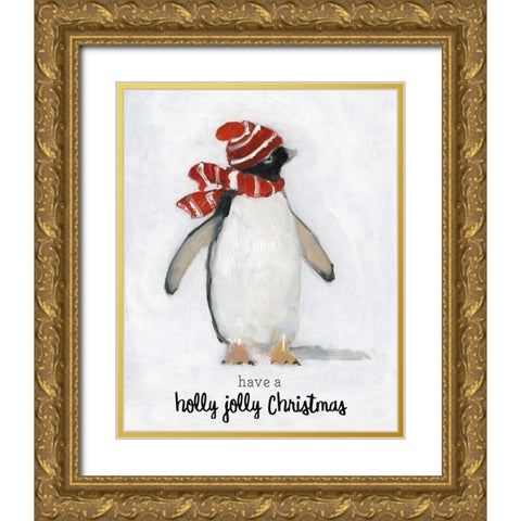 Holly Jolly Penguin Gold Ornate Wood Framed Art Print with Double Matting by Swatland, Sally