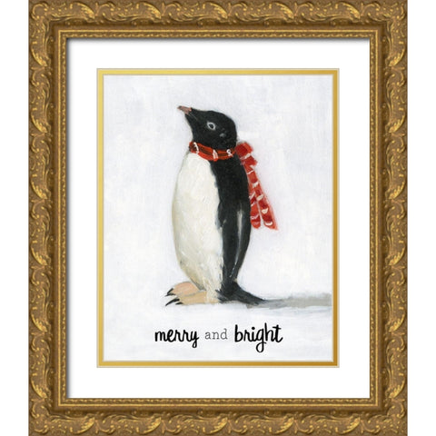 Merry and Bright Penguin Gold Ornate Wood Framed Art Print with Double Matting by Swatland, Sally