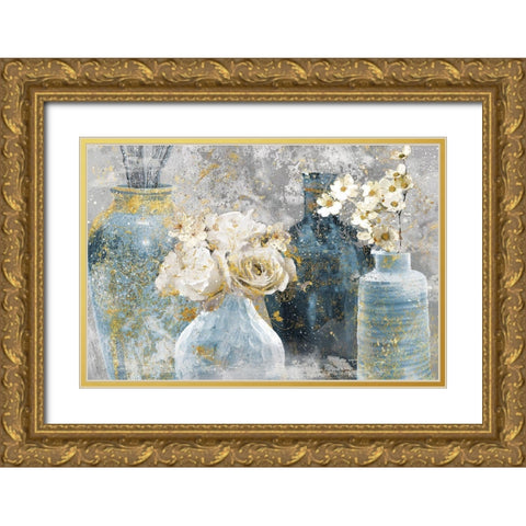 Vessels and Blooms Blues Gold Ornate Wood Framed Art Print with Double Matting by Nan