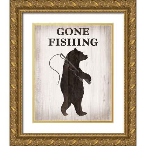 Bear Gone Fishing Gold Ornate Wood Framed Art Print with Double Matting by CAD Designs