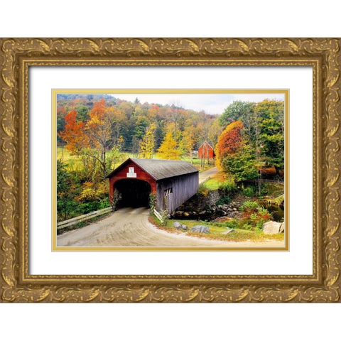 Vermont Covered Bridge Gold Ornate Wood Framed Art Print with Double Matting by Delimont, Danita