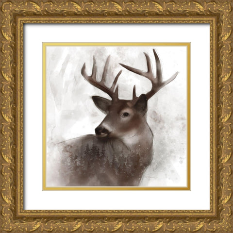 Forest Deer Gold Ornate Wood Framed Art Print with Double Matting by Robinson, Carol