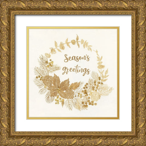Seasons Greetings Gold Ornate Wood Framed Art Print with Double Matting by Tava Studios