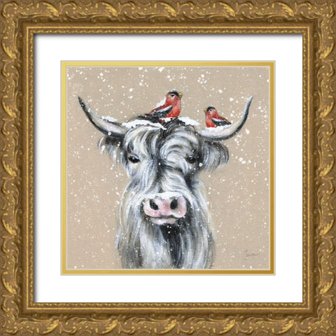 Playful Winter Gold Ornate Wood Framed Art Print with Double Matting by Tava Studios