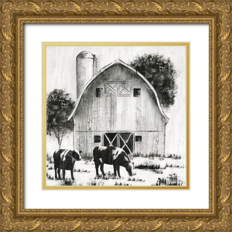Country Cows Gold Ornate Wood Framed Art Print with Double Matting by Nan