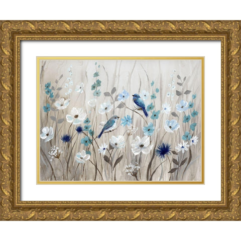Bluebirds in Spring Gold Ornate Wood Framed Art Print with Double Matting by Nan