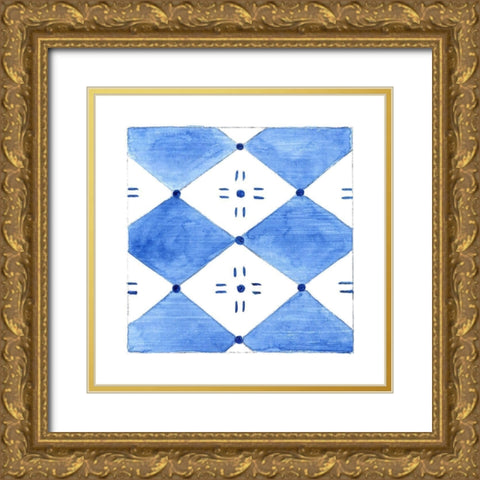 Blue Wash Tile IV Gold Ornate Wood Framed Art Print with Double Matting by Tava Studios