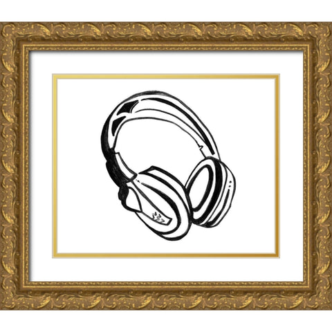 Headphones Sketch Gold Ornate Wood Framed Art Print with Double Matting by Tava, Alexandria