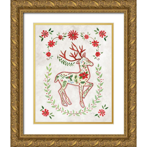 Christmas Folk Reindeer Gold Ornate Wood Framed Art Print with Double Matting by Tava Studios
