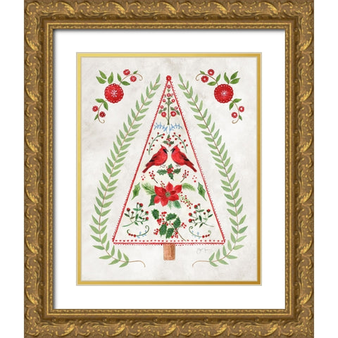 Christmas Folk Tree Gold Ornate Wood Framed Art Print with Double Matting by Tava Studios