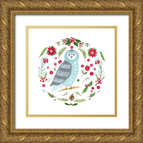 Christmas Folk Owl Gold Ornate Wood Framed Art Print with Double Matting by Tava Studios