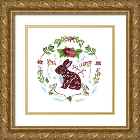 Christmas Folk Rabbit Gold Ornate Wood Framed Art Print with Double Matting by Tava Studios