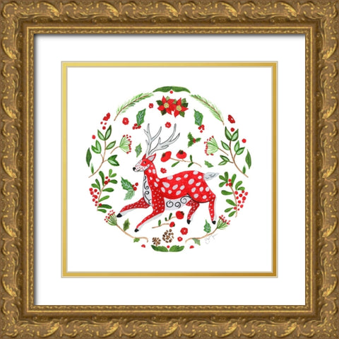Christmas Folk Deer Gold Ornate Wood Framed Art Print with Double Matting by Tava Studios