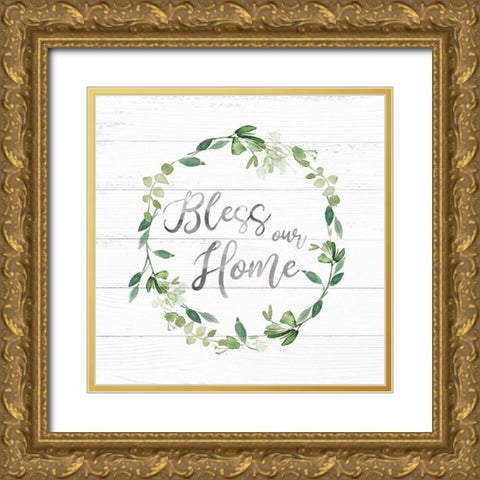 Bless Our Home Greenery Gold Ornate Wood Framed Art Print with Double Matting by Robinson, Carol