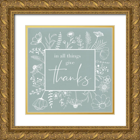 Give Thanks Floral Sketch Gold Ornate Wood Framed Art Print with Double Matting by Santiago, Daniela