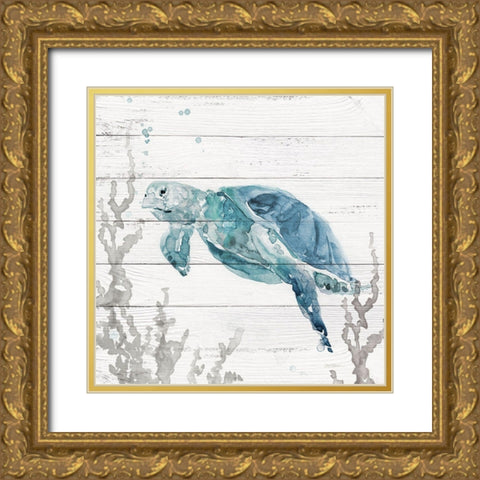 Aqua Turtle II Gold Ornate Wood Framed Art Print with Double Matting by Robinson, Carol