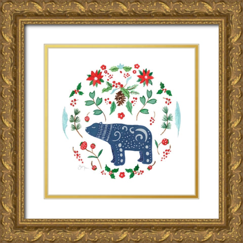 Christmas Folk Bear Gold Ornate Wood Framed Art Print with Double Matting by Tava Studios
