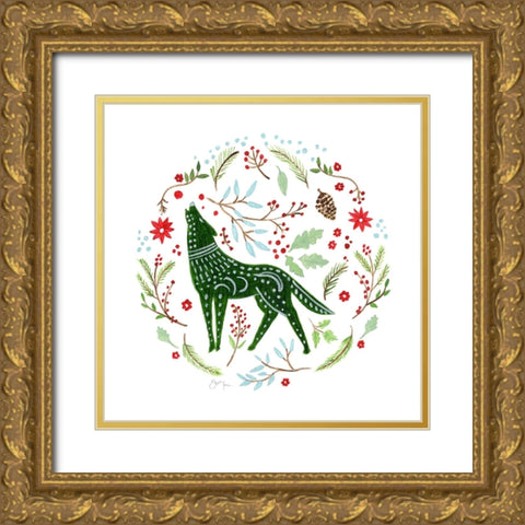 Christmas Folk Wolf Gold Ornate Wood Framed Art Print with Double Matting by Tava Studios