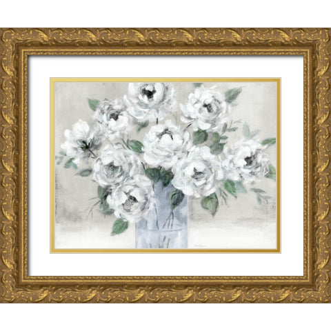 Tender White Roses Gold Ornate Wood Framed Art Print with Double Matting by Robinson, Carol