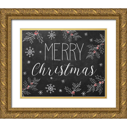 Merry Christmas Chalkboard Gold Ornate Wood Framed Art Print with Double Matting by Santiago, Daniela