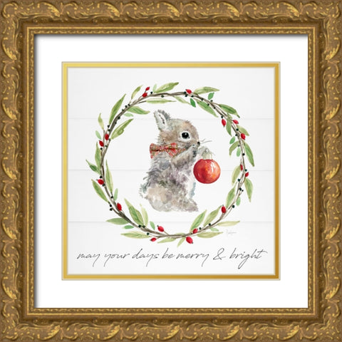 Farmhouse Christmas Bunny Gold Ornate Wood Framed Art Print with Double Matting by Finn, Livi