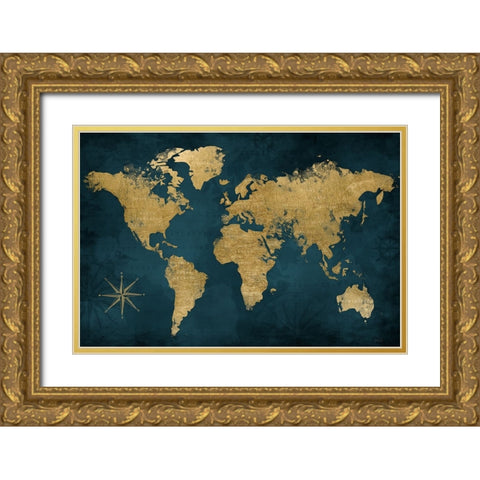 Navy Gold Map Gold Ornate Wood Framed Art Print with Double Matting by Carpentieri, Natalie