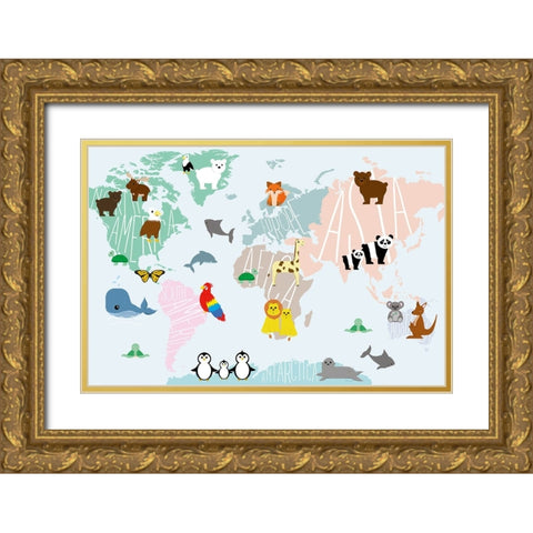 Animal Map Gold Ornate Wood Framed Art Print with Double Matting by Santiago, Daniela
