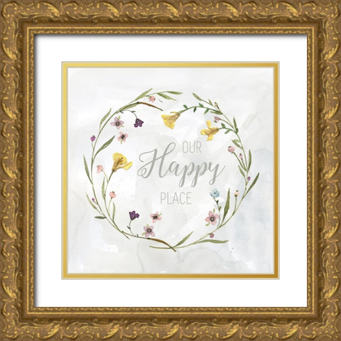 Our Happy Place Pressed Wreath Gold Ornate Wood Framed Art Print with Double Matting by Finn, Livi