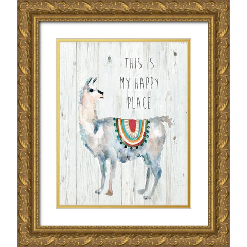 Llama Happy Place Gold Ornate Wood Framed Art Print with Double Matting by Finn, Livi