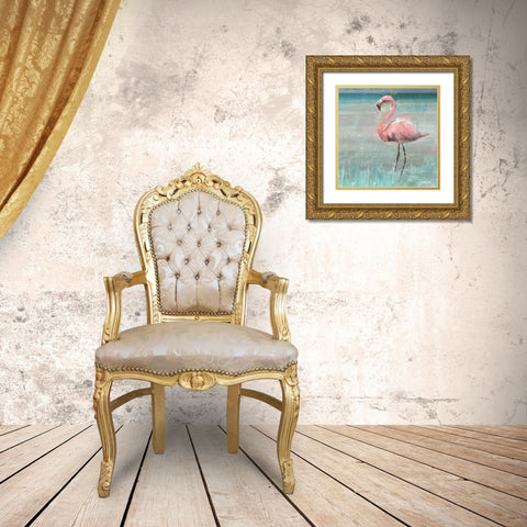 Flamingo Party II Gold Ornate Wood Framed Art Print with Double Matting by Nan