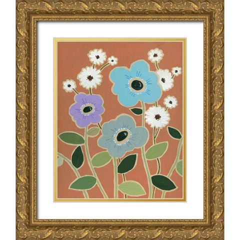Woodblock Floral IV Gold Ornate Wood Framed Art Print with Double Matting by Robinson, Carol