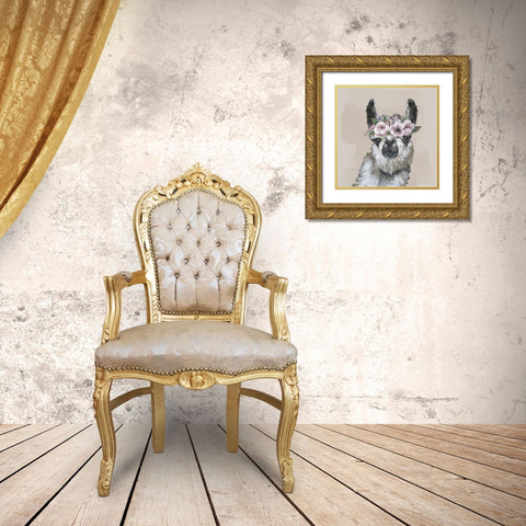 Neutral Llama Flowers Gold Ornate Wood Framed Art Print with Double Matting by Tava Studios
