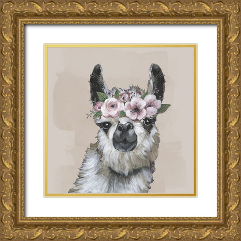 Neutral Llama Flowers Gold Ornate Wood Framed Art Print with Double Matting by Tava Studios