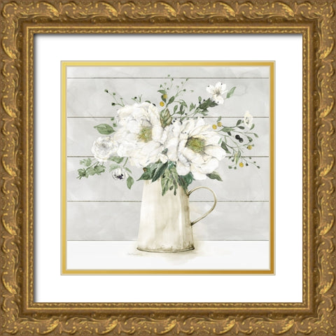 White Farmhouse Bouquet Gold Ornate Wood Framed Art Print with Double Matting by Robinson, Carol