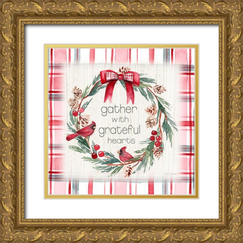 Gather Plaid Cardinal Wreath Gold Ornate Wood Framed Art Print with Double Matting by Brockmon, Kristen