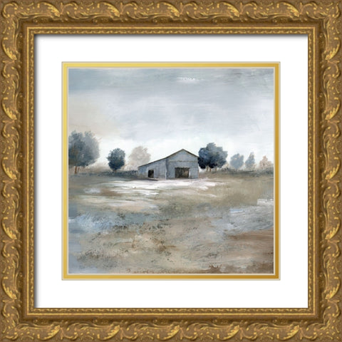 Blue Barn Field Gold Ornate Wood Framed Art Print with Double Matting by Nan