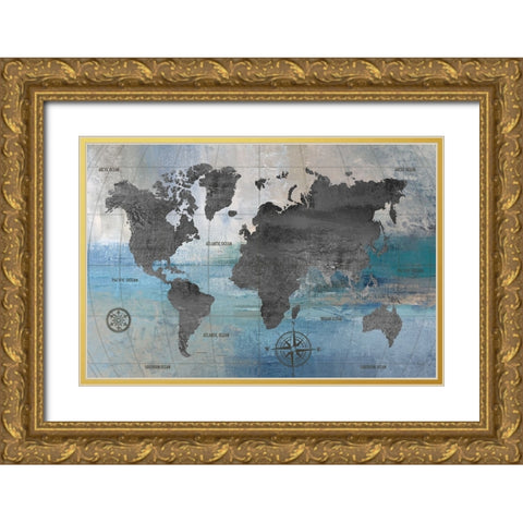 World Map Blue and Gray Gold Ornate Wood Framed Art Print with Double Matting by Nan