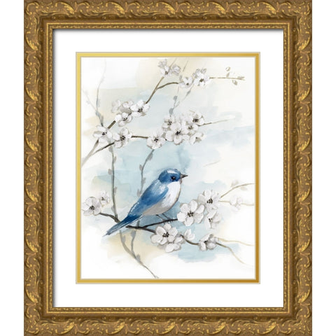 Blossoms and Bluebird I Gold Ornate Wood Framed Art Print with Double Matting by Nan