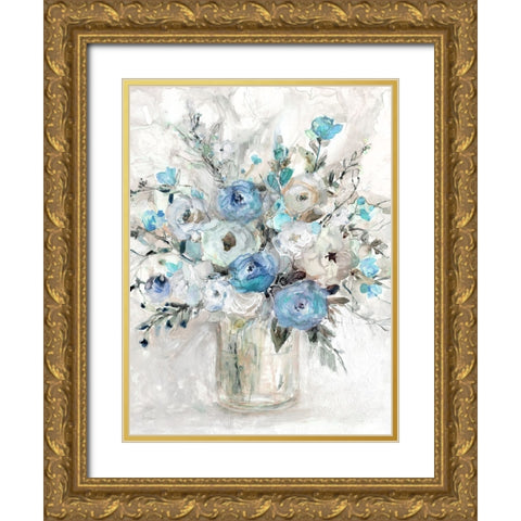 Blue Contemporary Bouquet Gold Ornate Wood Framed Art Print with Double Matting by Robinson, Carol