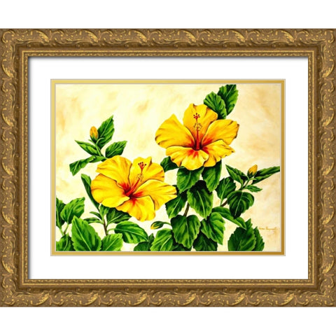 Yellow Hibiscus Gold Ornate Wood Framed Art Print with Double Matting by Segrest, Jane