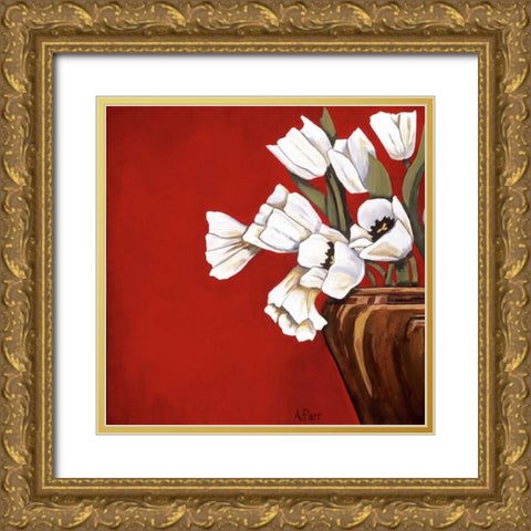 Tulips on Red Gold Ornate Wood Framed Art Print with Double Matting by Parr, Ann
