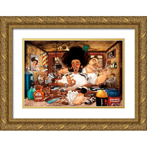 The Barbers Shop Gold Ornate Wood Framed Art Print with Double Matting by Perez, Adam